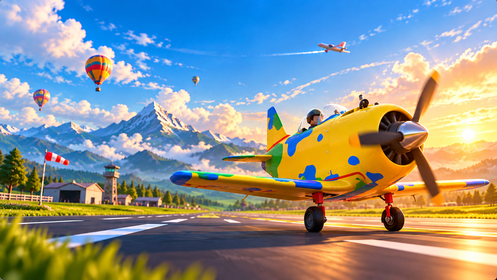A yellow cartoon plane with blue and green splashes on a sunlit runway, with hot-air balloons, snowy mountains, a control tower and hangars behind